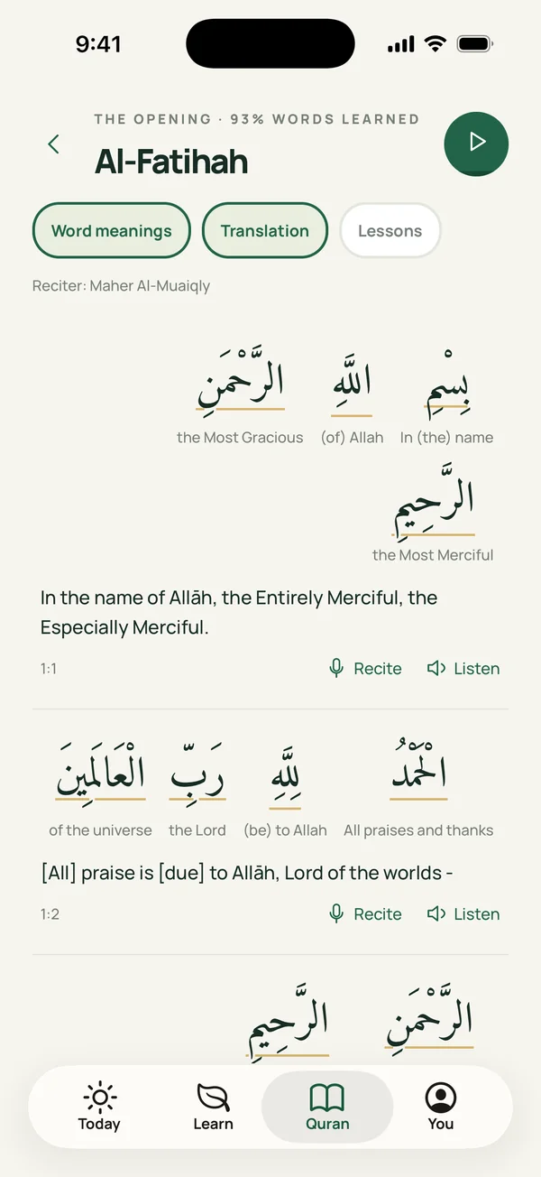 Al-Fatihah in Mubin, with the meaning under each word